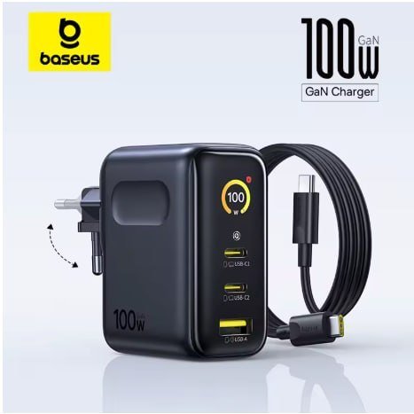 Baseus Carregador 100W GAN - Display Inteligente - Dual Port USB-C