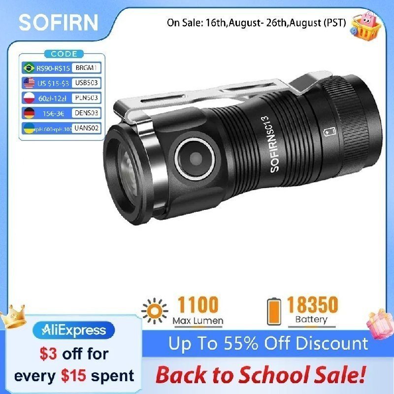 Lanterna Tática Mini Edc Sofirn SC13 1300lm 519A/SST40 LED Magnética Rec