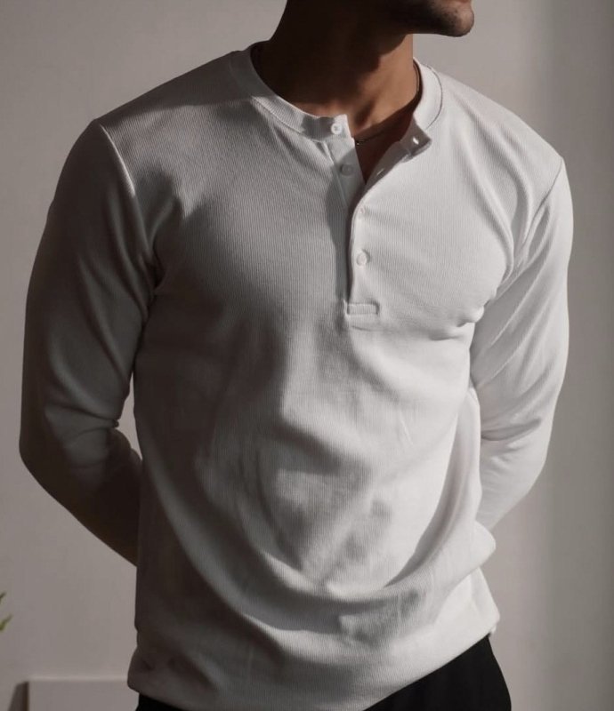Camiseta Henley Masculina Manga Longa Slim 2 Botões Casual (P ao GG)