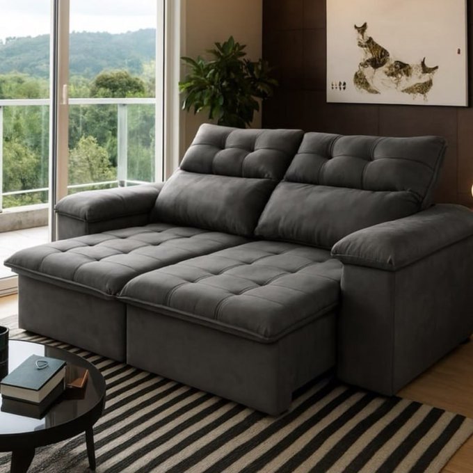 Sofá Retrátil/Reclinável King House Verona 1,50m Velut Cinza com Molas