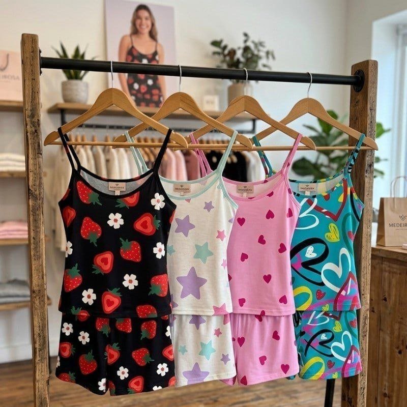 Kit 4 Conjuntos Femininos Baby Doll Pijama Short E Blusa