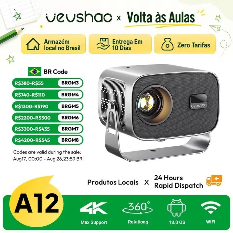 Projetor Vevshao A12, Android 11, Wifi 6, 350 ANSI Lumens