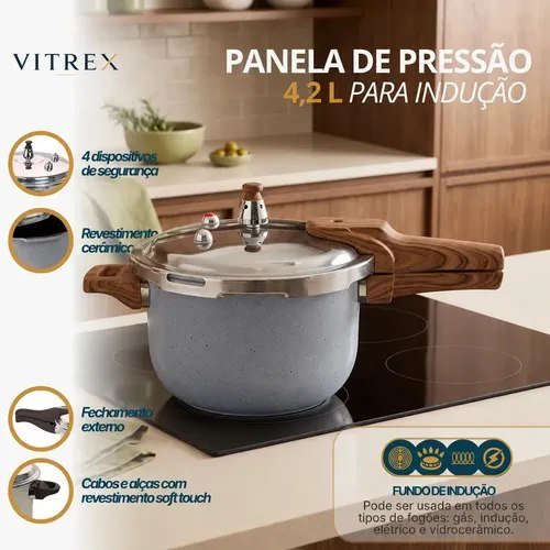 Panela de Pressão Vitrex Ceramic 4.2 L Cinza, com Indução e Antiaderente