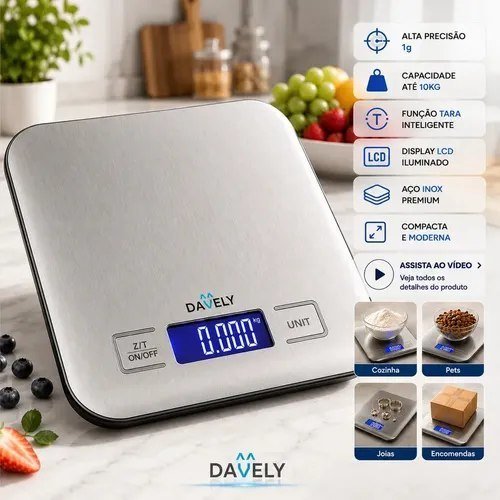 Balança Digital Cozinha eletrônica Touch 10kg Inox Display Led LCD Nutricional Davely