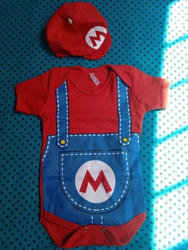 Roupa Mario Bros Bebê Body Mesversário Menino e Boina Tema + Frete Grátis