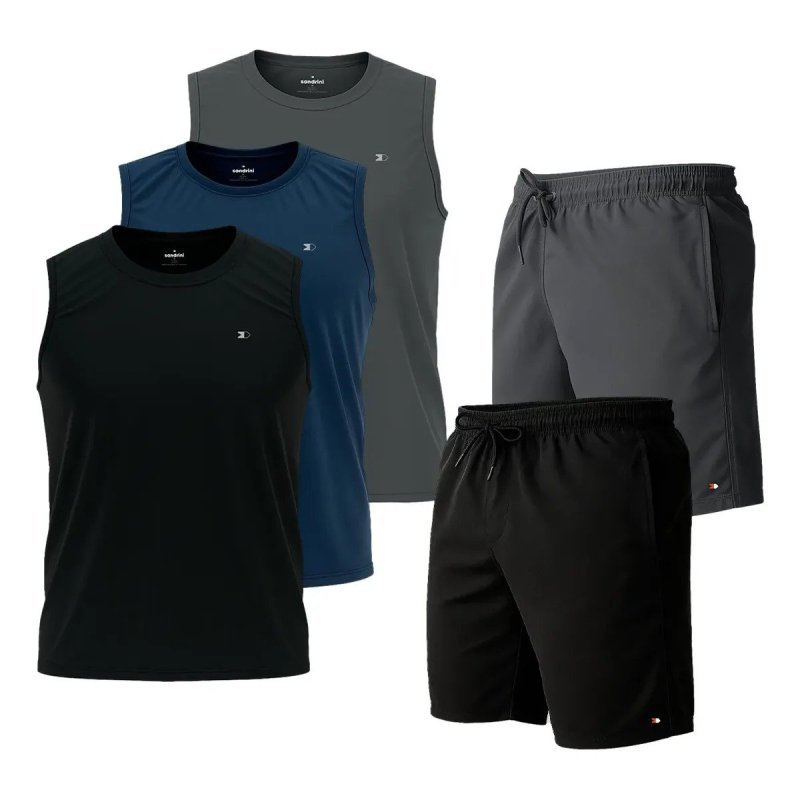 Kit 5 Pçs 3 Camisas Regata Dry-fit Sandrini + 2 Short Tactel + Frete Grátis