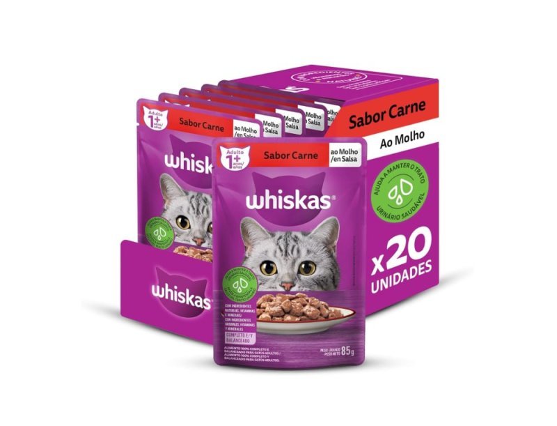Pack 20 un. Ração Úmida Whiskas Sachê Carne ao Molho para Gatos Adultos 85g