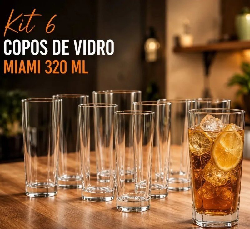Jogo de 6 Copos Alto 320ml Miami Vidro Grosso Moderno Luxo Transparente Quadrado