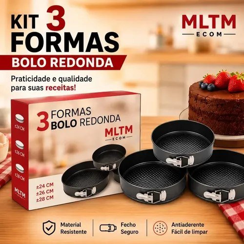 Kit 3 Formas Para Bolo Torta Com Fundo Removível Cozinha Antiaderente