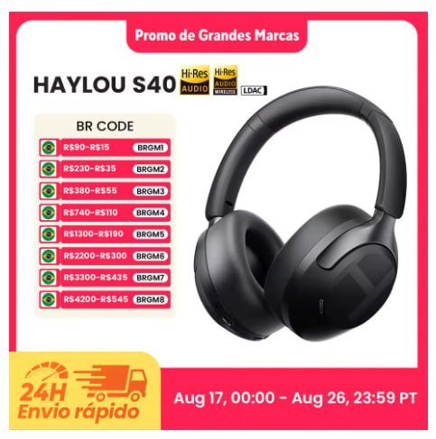 Fone de Ouvido Sem Fio HAYLOU S40 ANC com Cancelamento de Ruído de 50dB