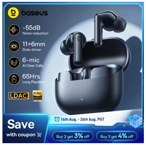 Fones de Ouvido Sem Fio Baseus Bass EP10 - Redução de Ruído de -55dB, 65 Horas de Tempo de Reprodução