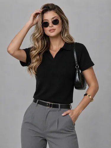 Camiseta Polo Wafle Feminina Texturizada Sem Botão Preto Wafle M