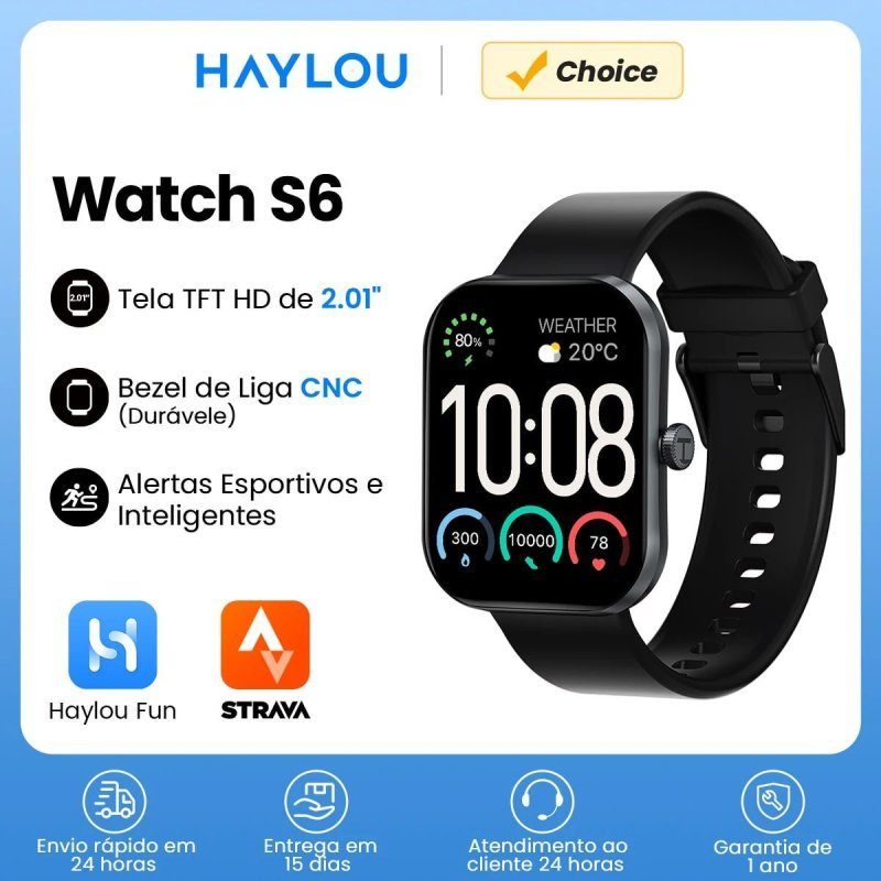 Smartwatch HAYLOU S6, 2.01'' com ip68 à prova de água