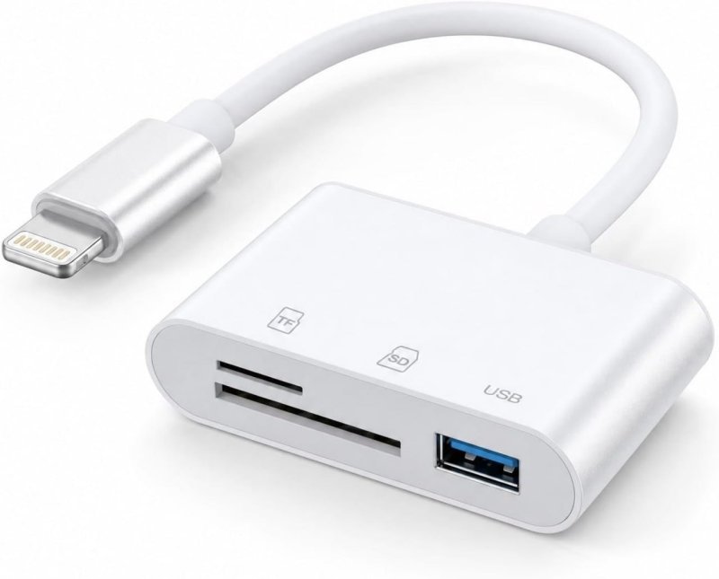 Leitor de Cartão SD TF USB Dual Slot compatível com iPhone e iPad - Sem App, transfere fotos, OTG