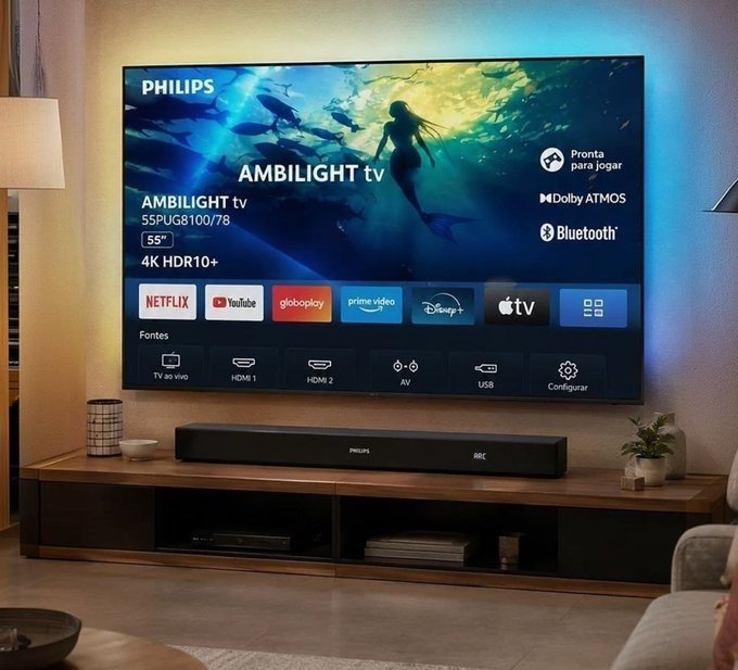 PHILIPS Smart TV Ambilight 55" 4K + PHILIPS Soundbar TAB4000 + Frete Grátis