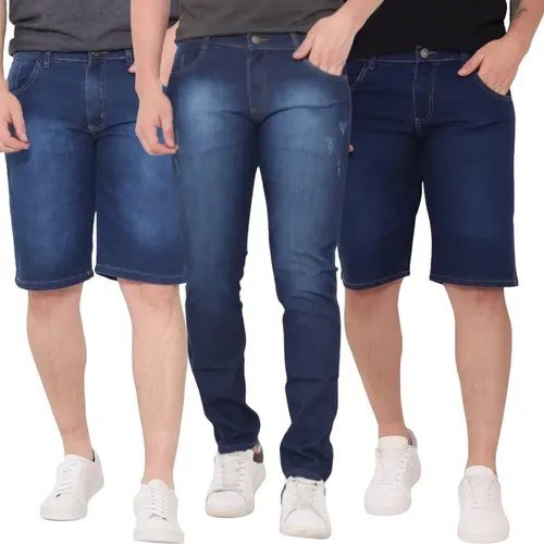 Kit 2 Bermuda Masculina Jeans E 1 Calça Jeans Skinny Lycra