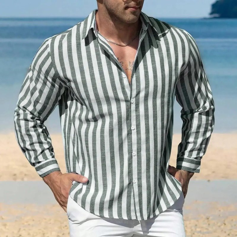 Camisa Masculina De Manga Comprida Com Botões E Listrada