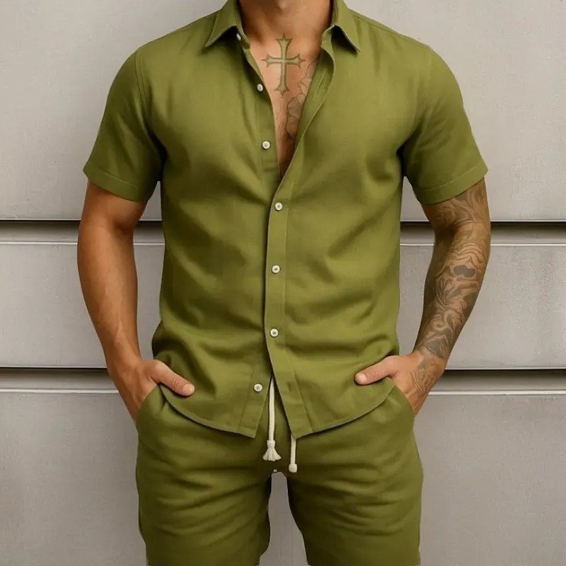 Conjunto Casual Linho Masculino Camisa Botão Bermuda Cordão