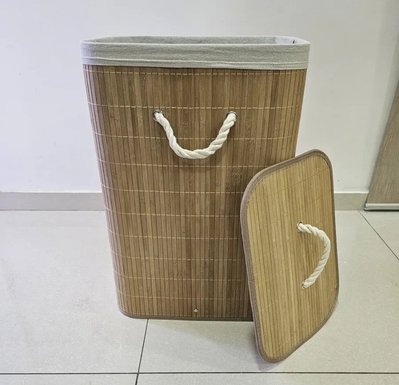 Cesto de Roupa Suja Bambu Dobrável com Tampa e Alças 72L