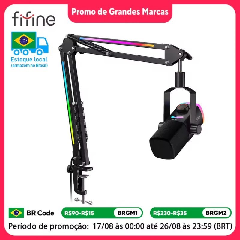 Microfone Gamer FIFINE AmpliGame AM8PROT Kit com Braço Articulado RGB