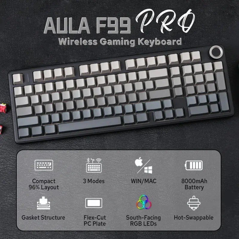 Teclado Mecânico AULA F99 Pro Tri-mode 8000mAh, Hot Swappable + Knob