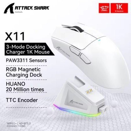 Mouse Sem Fio com Dock Attack Shark X11, Sensor PAW3311