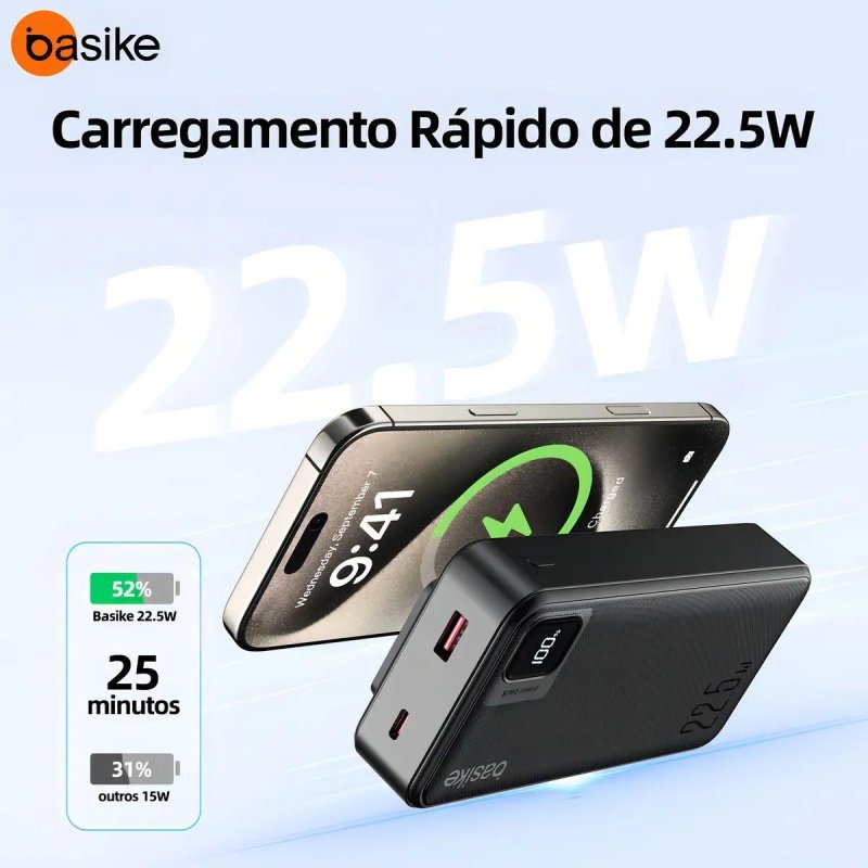 Power Bank Basike 20.000mAh 22,5W com Cabos Embutidos