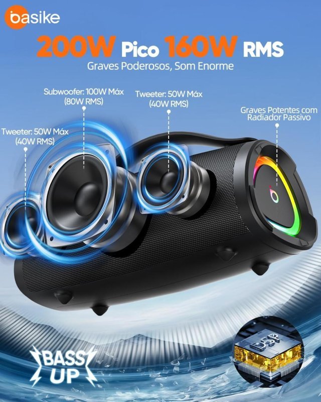 Caixa de Som Bluetooth Basike Boombox 160W RMS com RGB e IPX6