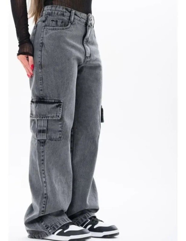 Calça Feminina Jeans Cargo Grafite Cintura Alta