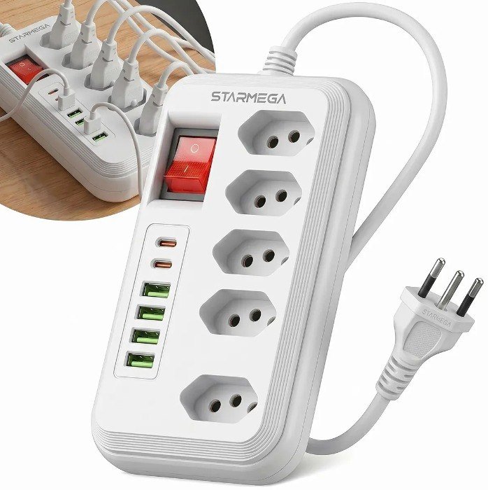 Extensão Filtro De Linha 5 Tomadas 4 Usb 2 Usb-c Régua Extensão 2m Cabo Cor Branco - Starmega E183