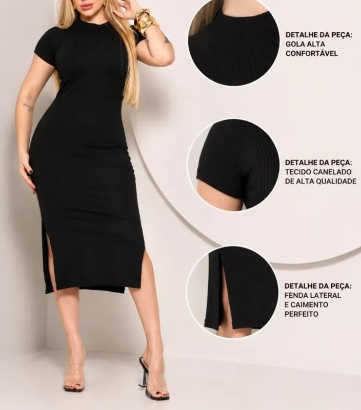 Vestido Manga Curta Midi Feminino Canelado