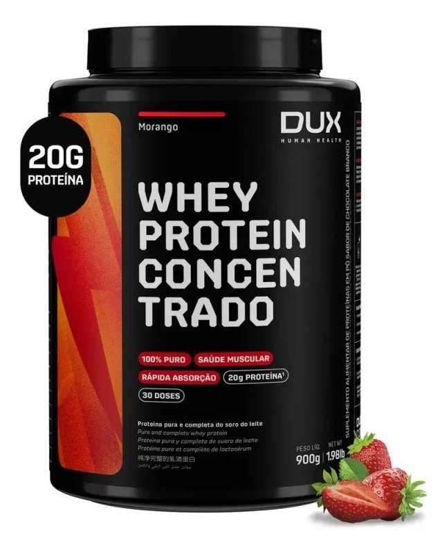 Whey Protein Concentrado DUX 900g Morango Proteína Pura Suplemento Muscular