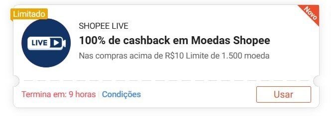 Cupom de 100% de Cashback limitado a 1500 moedas