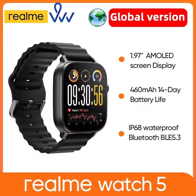 Realme Watch 5 Global 1.97" AMOLED 600nits – GPS GNSS, Bateria 14 Dias, IP68 e +300 Mostradores Inteligentes
