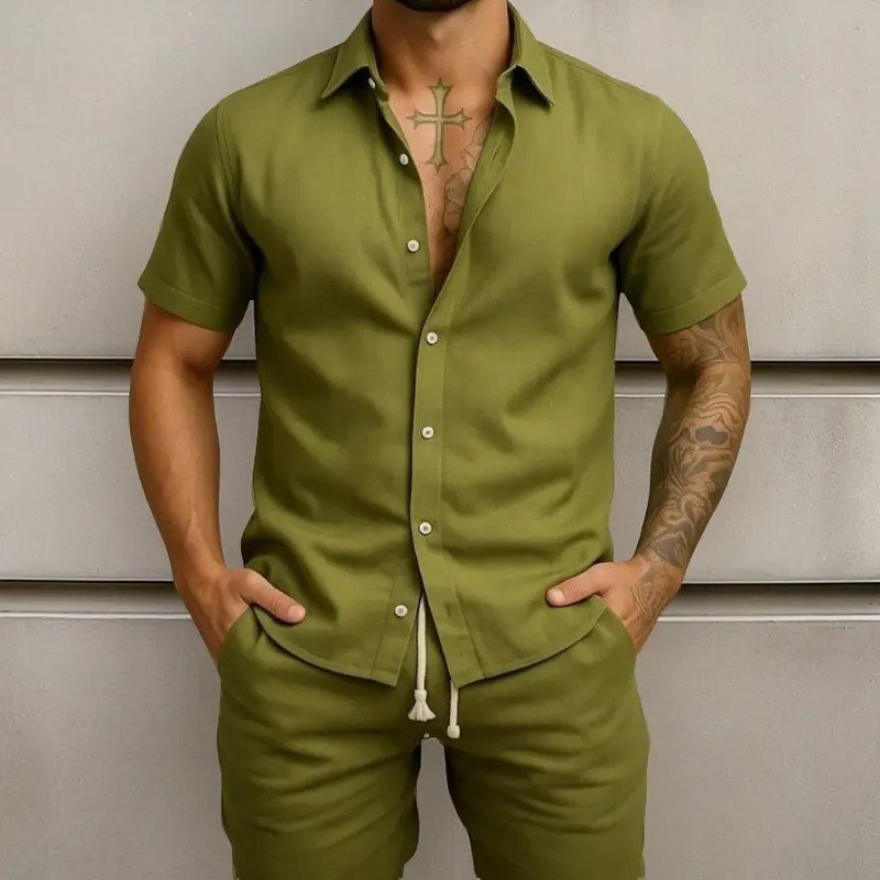 Conjunto Casual Linho Masculino Camisa Botão Bermuda Cordão (P ao GG)