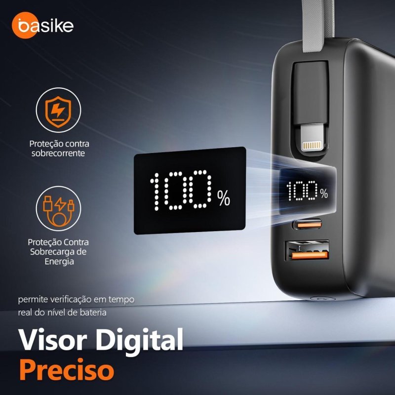 Power Bank Basike 20.000mAh 22,5W com Cabos Integrados