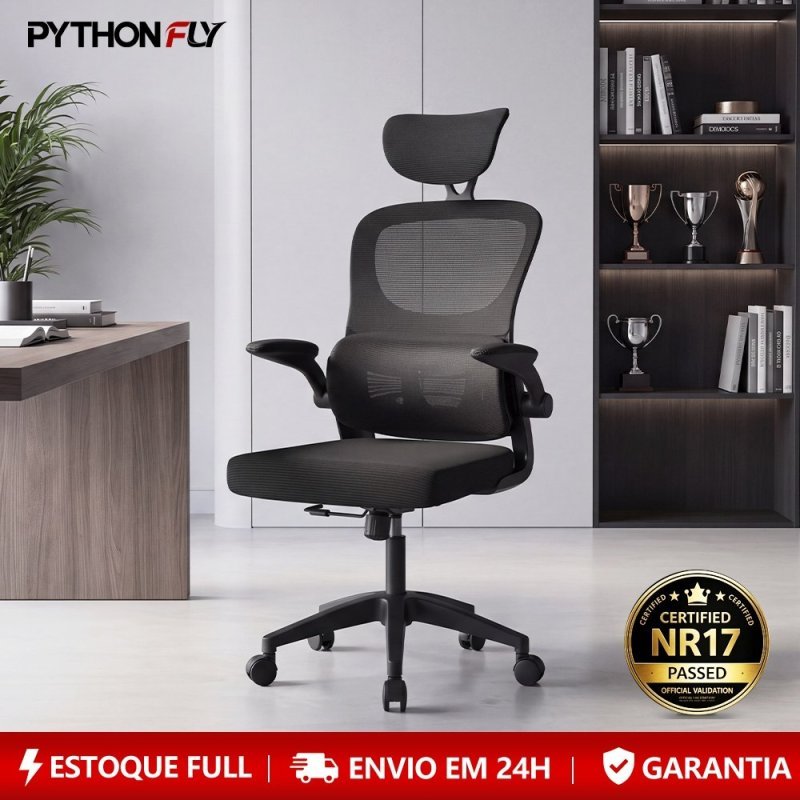 Cadeira de Escritório Ergonômica Com Apoio Lombar e Apoio de Cabeça Cinza com estofado de mesh