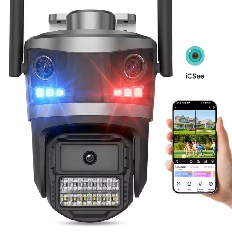 Câmera de Segurança IP P20 iCSee com 3 Lentes, Visualização em 3 Telas, Wi-Fi, PTZ 355°/90°, Rastreamento Automático, Visão Noturna e Áudio Bidirecional
