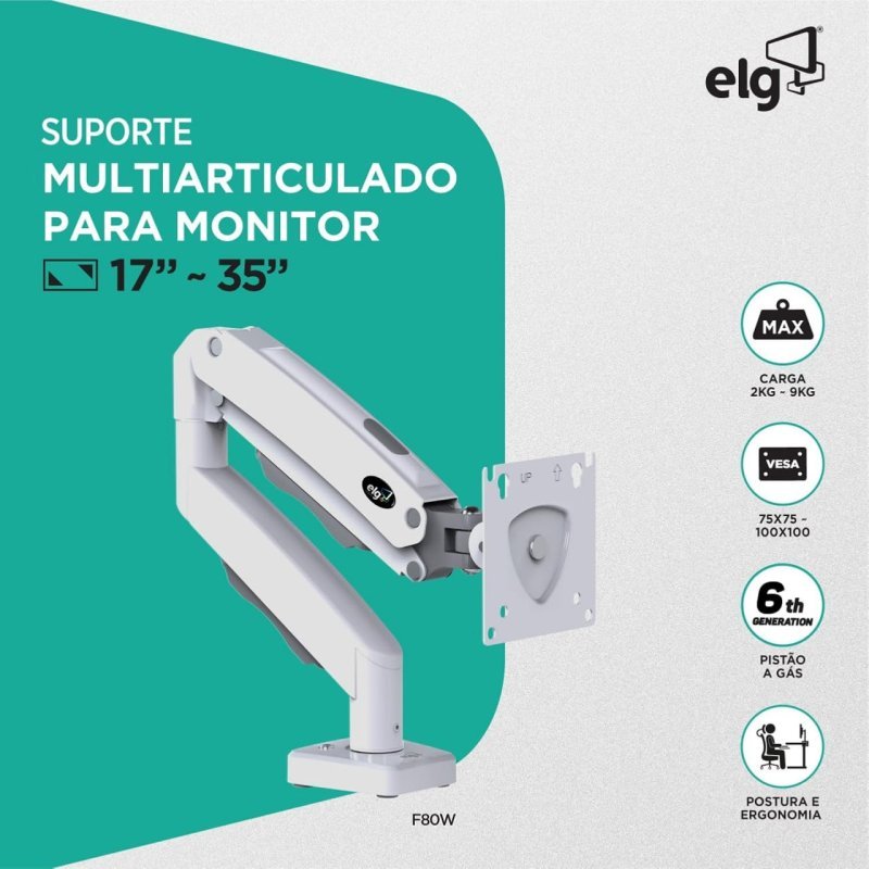 ELG F80W - Suporte Articulado Mesa Pistão Gás 17-35' - Branco