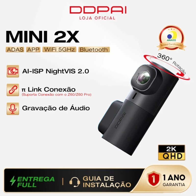 DDPAI Mini 2X Câmera Veicular 1440P 2K QHD 360° Rotação Visão Noturna Superior 5G WiFi Controle APP