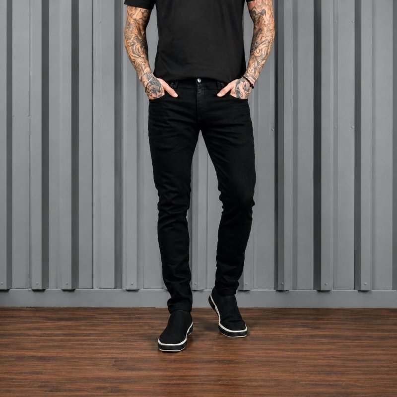 Calça Jeans Preta Super Skinny Masculina Lycra Premium