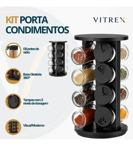 Kit Porta Condimentos Vitrex 8 Potes Em Vidro Preto Com Base Giratória