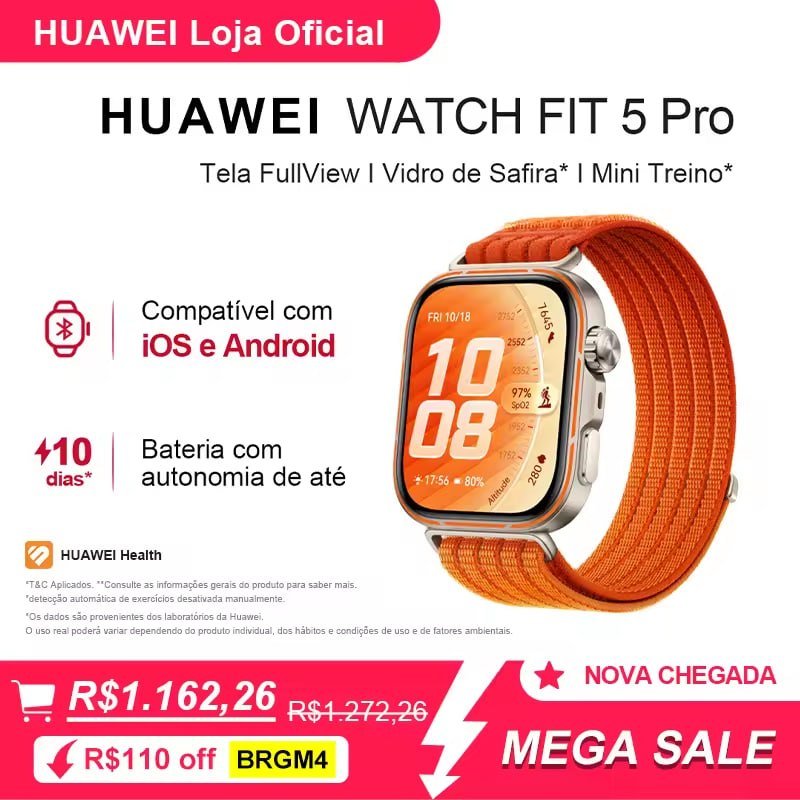 HUAWEI WATCH FIT 5 Pro Smartwatch com Tela FullView AMOLED de 1,92", ECG, GPS, 64 GB e Modos de Treino