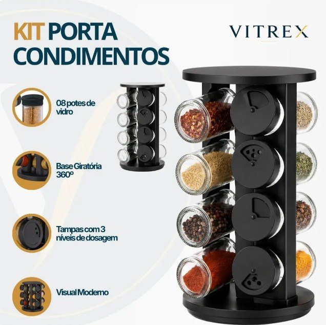 Kit Porta Condimentos Vitrex 8 Potes Em Vidro Preto Com Base Giratória
