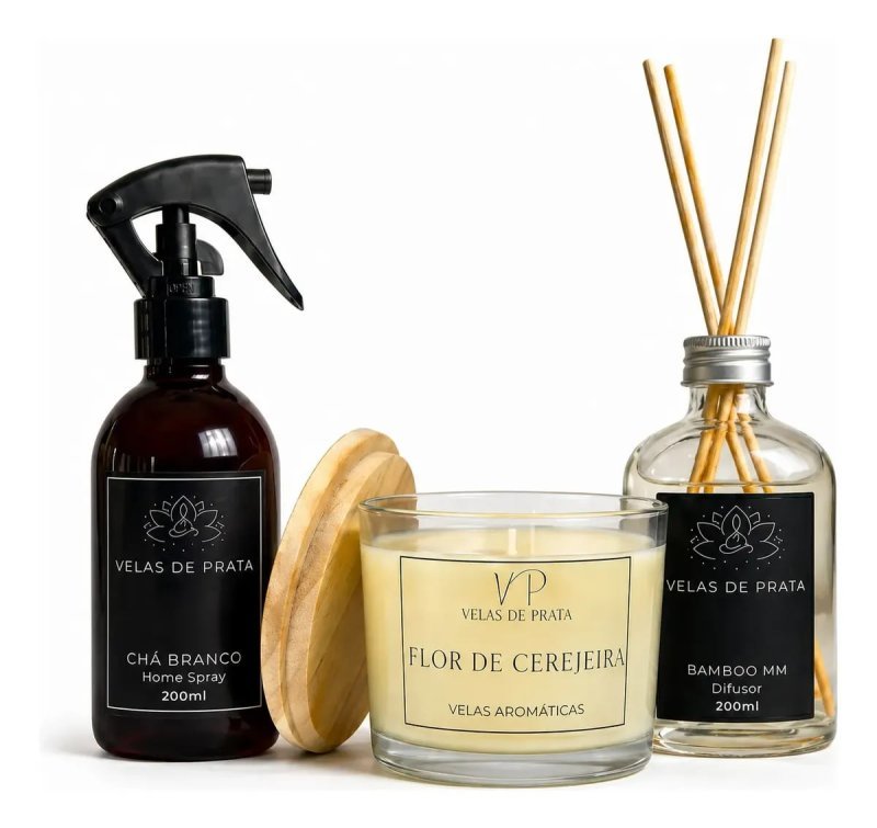 Kit Aromatizador – Vela Aromática 100g + Difusor + Home Spray