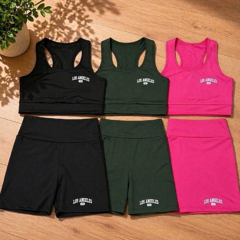 Kit com 3 Conjunto Top Shorts Feminino Los Angeles Fitness