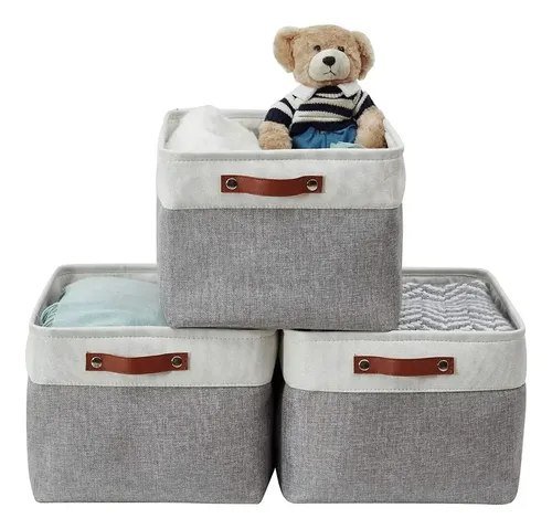 Caixa Cesto Organizador De Tecido Linho Dobrável 36x26x16 Cinza