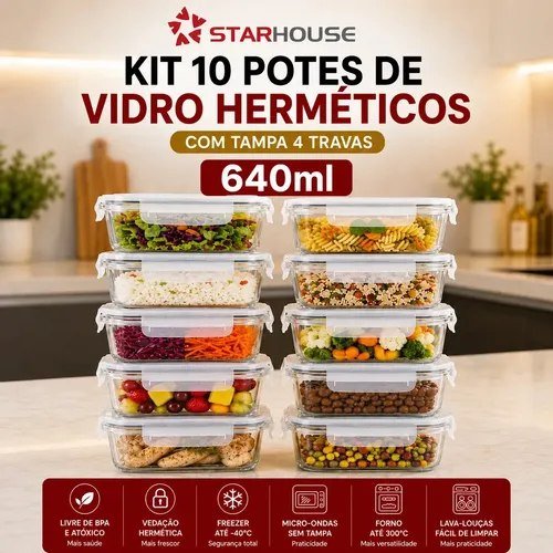 Kit 10 Potes Herméticos Vidro 640ml Starhouse Marmita Forno Micro-ondas Airfryer