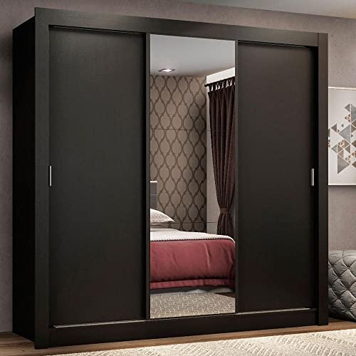 Guarda Roupa Casal Madesa Mônaco 3 Portas de Correr com Espelho - Preto