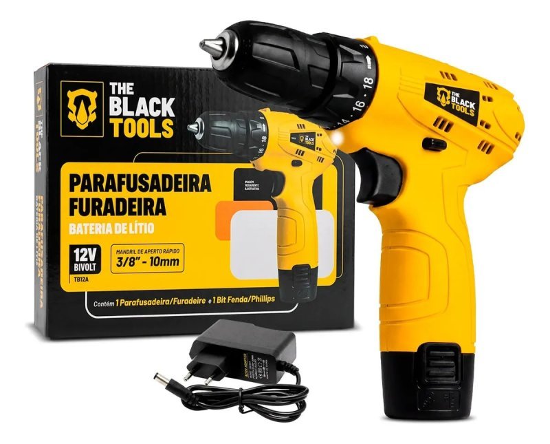 Parafusadeira Furadeira The Black Tools TB12A 3/8 a Bateria Cor Amarelo